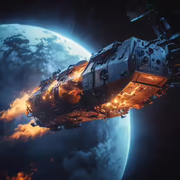an illustration of the inside of a space ship with fire burning from its deck