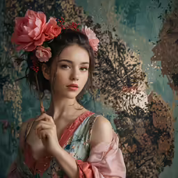 a girl with flowers in her hair holding a twig