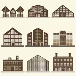 the various windows and structure of buildings in a line,a series of buildings is depicted with the silhouettes of some buildings