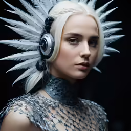a woman with white hair and headphones on
