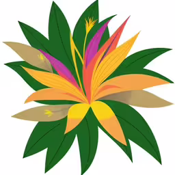 a picture of a flower with green leaves on the center of it,a very pretty orange flower with some big leaves