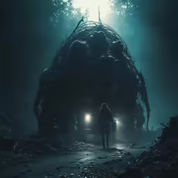 the silhouettes of two people are standing in front of a large structure in a forest