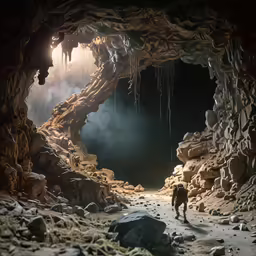 a man standing in front of a cave entrance