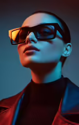 woman wearing 3d glasses against blue background