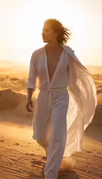 a woman is walking through the desert on a sunny day
