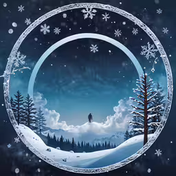 a man walking along snow covered ground with trees,the christmas circle is in front of some snow