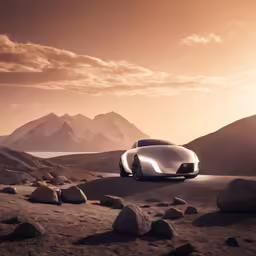 the futuristic car is traveling along the desert