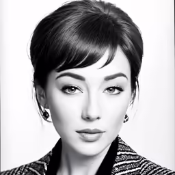 a woman with dark hair and blue eyes