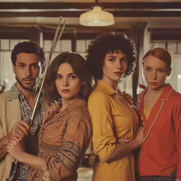 a group of people stand holding swords on the same level