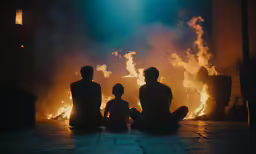 three men are sitting in front of a large fire