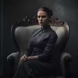 a woman sits in a chair posing for a photo