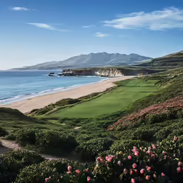 a scenic view of a beach, mountains, and sand dunes