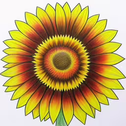 the painting is a sunflower in red, yellow and green,a painting of a large sunflower with red and yellow