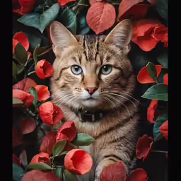 the cat with blue eyes sits among red flowers