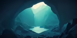 the inside of an underground cave is bright blue