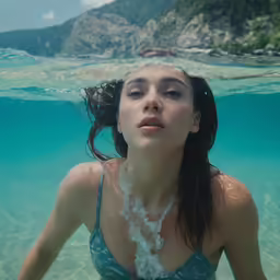 a woman is in a bikini under water and she is looking to the side