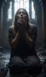 a woman sitting on the floor praying in an old church