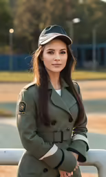 a woman in uniform is leaning on the railing