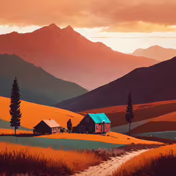 a painting of two cabin in a valley with a red sky,a painting of a farm, trees, and mountains in the distance
