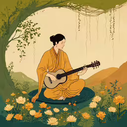 an old - fashioned asian painting of a person playing the guitar,the image of a man plays guitar in the woods