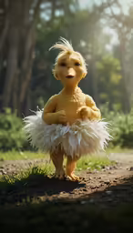 the chicken is dressed in white feathers and holding a banana