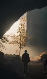 the lone man is walking into the light