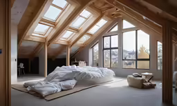 a bed with an unfinished frame sitting under large windows