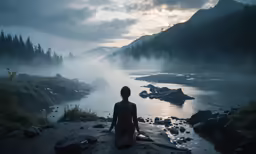a woman sitting on a rock by the lake