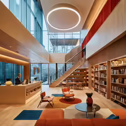 the room has many bookshelves and a sofa and two chairs