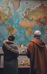 two people look at a world map as they eat