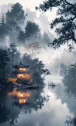 an asian floating structure in the middle of some water