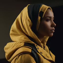 the woman is wearing a yellow jacket