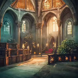 an artistic rendering of the interior of a church