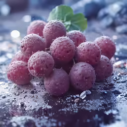 raspberries are placed on the ice with snow flakes around them