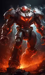 the artwork of iron man armor stands in an orange glow