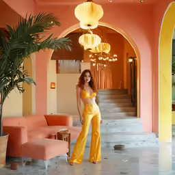 a woman is standing by the stairs of an entrance