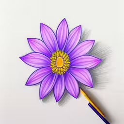 the drawing shows an image of a purple flower with a yellow center,colored pencil drawing of a pink flower,there is a drawing on paper of a pink flower with green centers,a drawing of a purple flower on paper with a drawing pen in the middle,a simple drawing of a purple flower that has yellow sticrsty petals