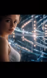 a woman in white dress looking towards the camera