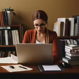 woman at desk with laptop and books and mouse