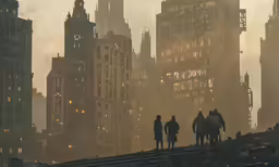 silhouette of three people walking past buildings and skyscrapers