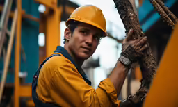 a man in hardhat with chains holding a tree branch