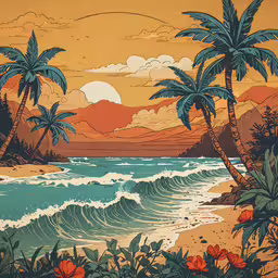 the ocean has palm trees and a sunset in the background,a painting of palm trees and a sunset on a beach