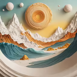 a paper art work with a painting of mountains, and a round disk with two small planets