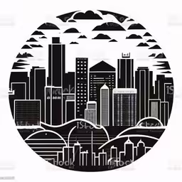 the skyline in a circle with clouds royalty,city skyline silhouette in a circle with clouds