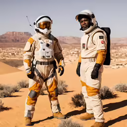 two people in spacesuits on the desert near the desert
