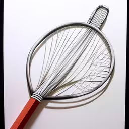 an image of a whisk drawn in ink,a photo that looks like a wire whisk,a metal wire whisk on top of a paper,a metal object on the side of a table,a whisk with several lines drawn on it