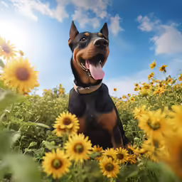 a close up of a dog in sunflowers