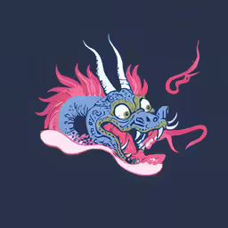 a dragon with pink and blue feathers on it