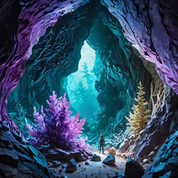 a large blue and purple cave with a person in it