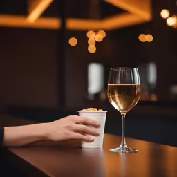 a person holding a plastic cup next to wine glass
